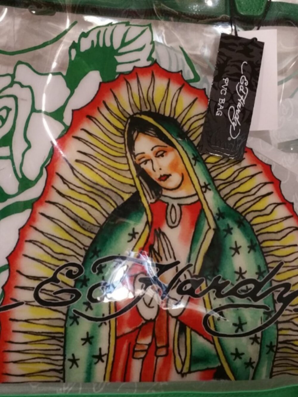 Ed Hardy Virgen de Guadalupe Clear PVC Tote Bag Green Red - NEW - Picture 2 of 3